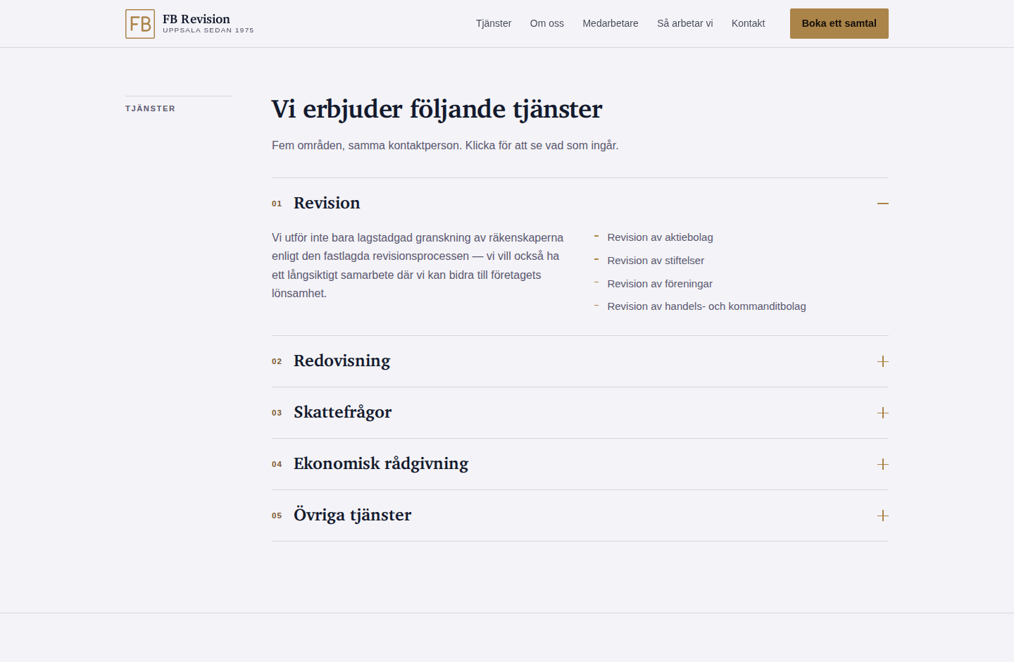FB Revision, the services section where each area opens to show what it covers