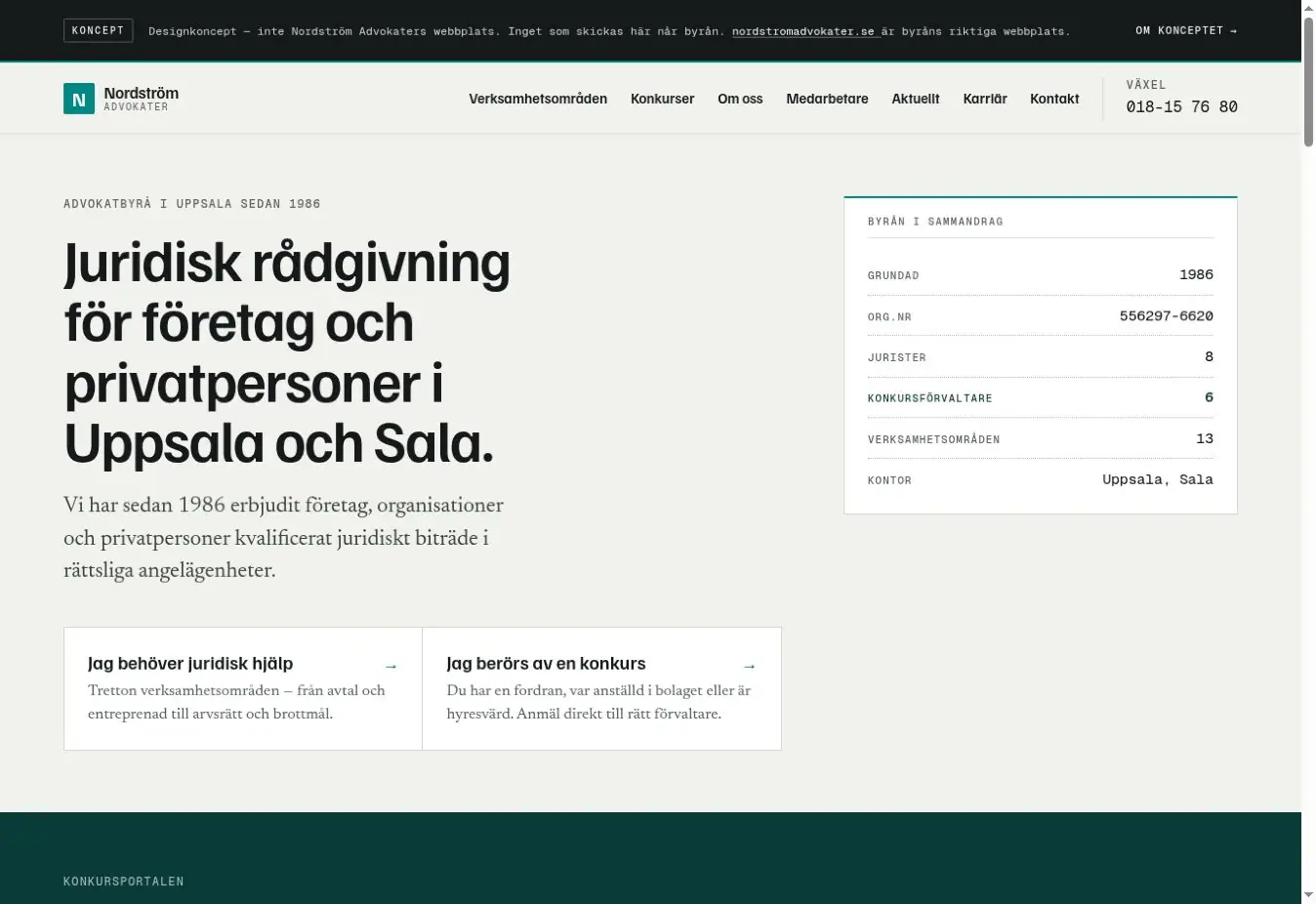 Nordström Advokater, the homepage with the bankruptcy portal