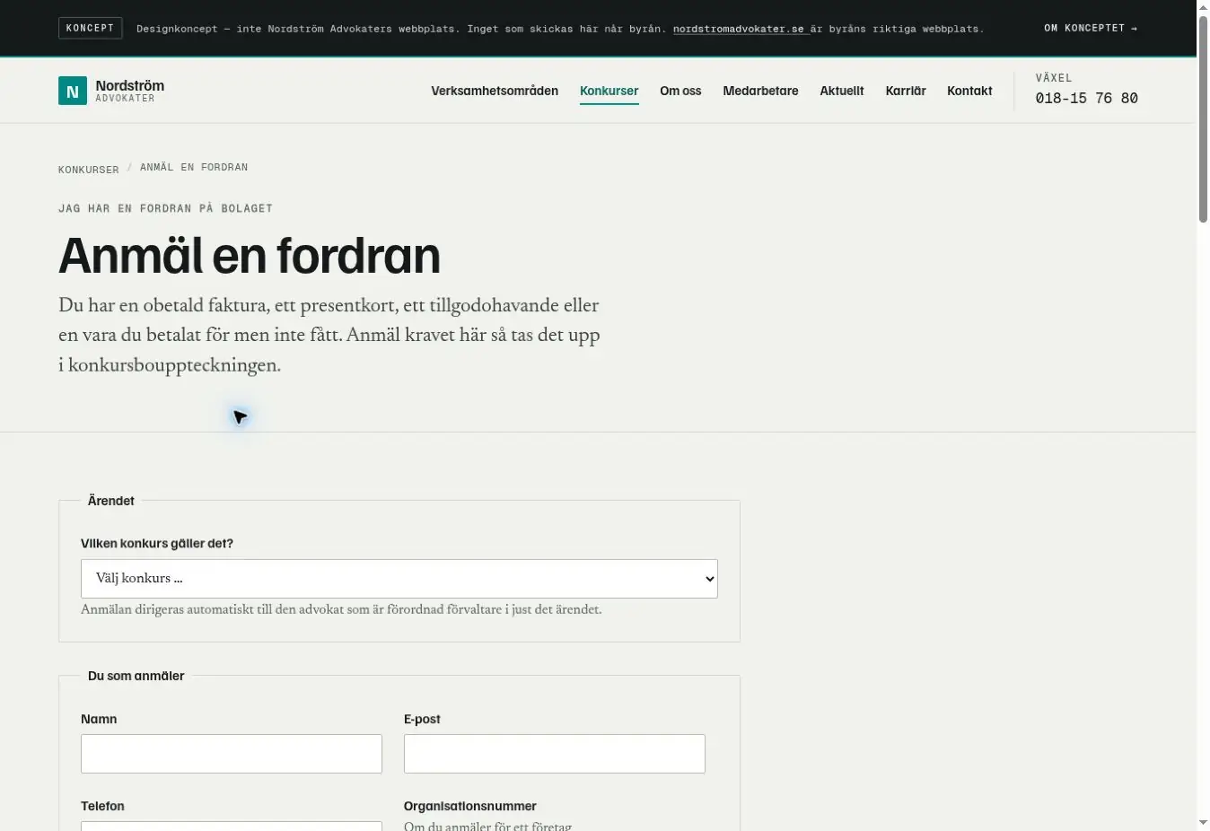 Working claim interface: case selection before personal and claim details.